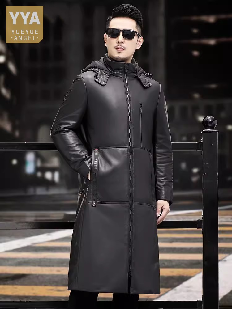 Leather Work Jacket With Hood - Abrigo largo grueso y cálido de