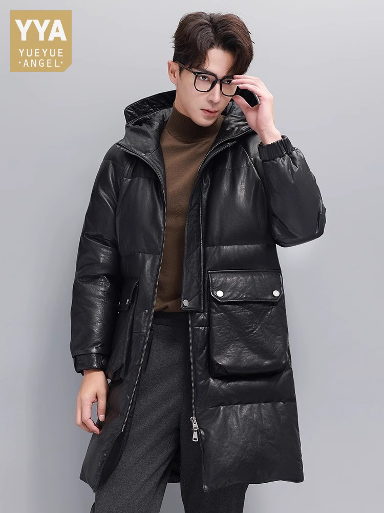 Leather Work Jacket With Hood - Chaqueta de plumón de ganso cálida