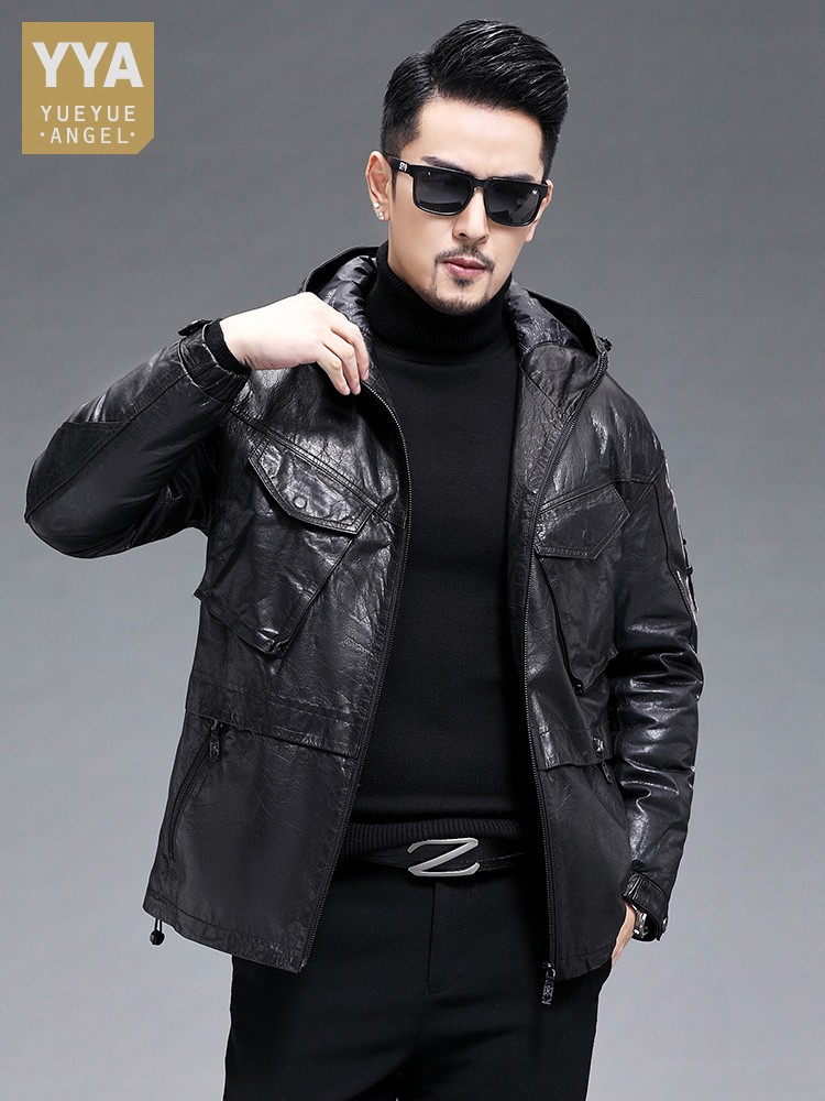 Leather Work Jacket With Hood - Chaqueta de invierno cálida de piel
