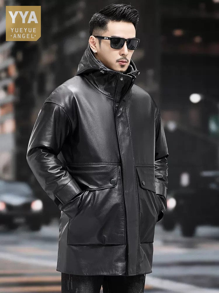 Leather Work Jacket With Hood - Chaqueta de cuero genuino con capucha