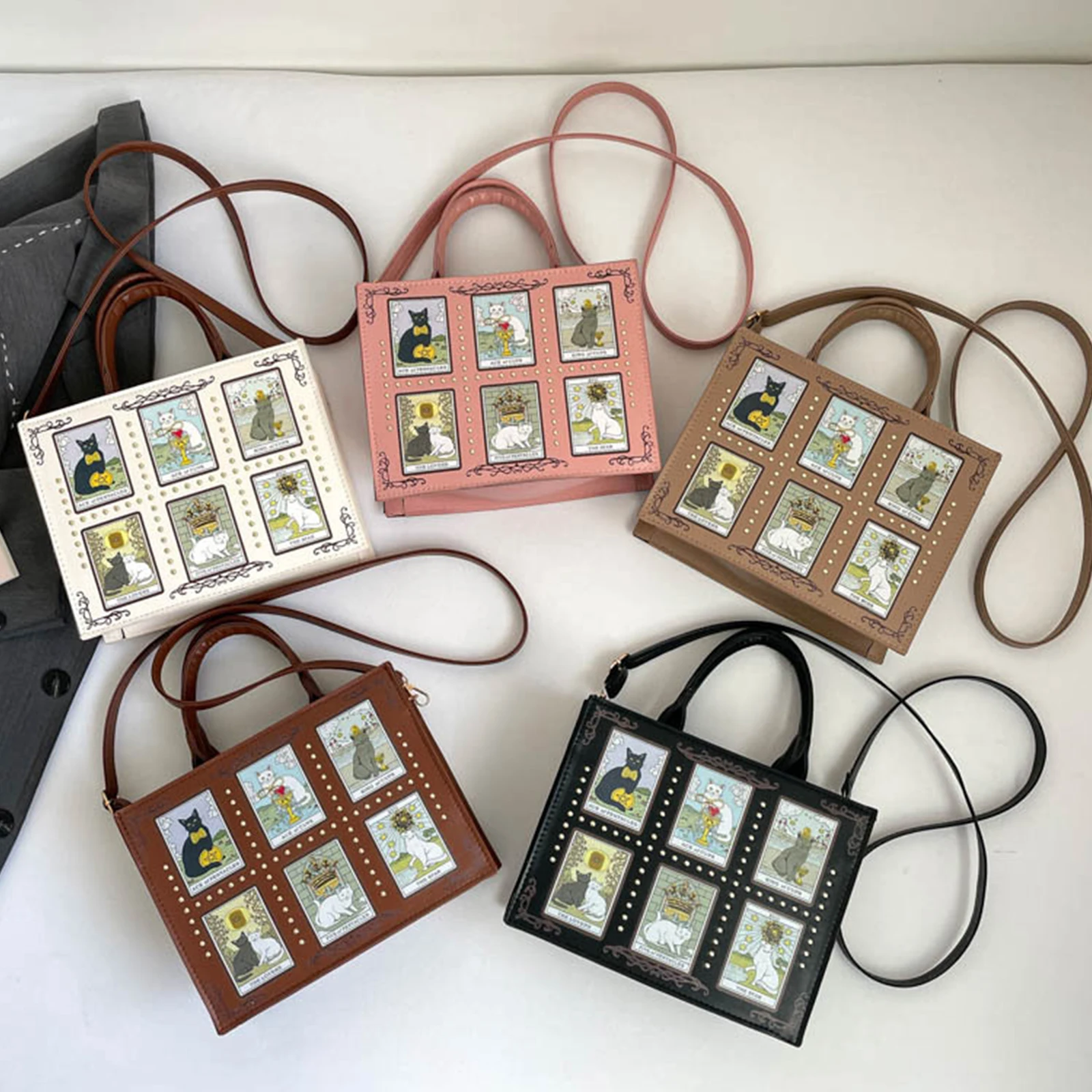 Leatherwork Rivets - Bolso tote con estampado de gatos