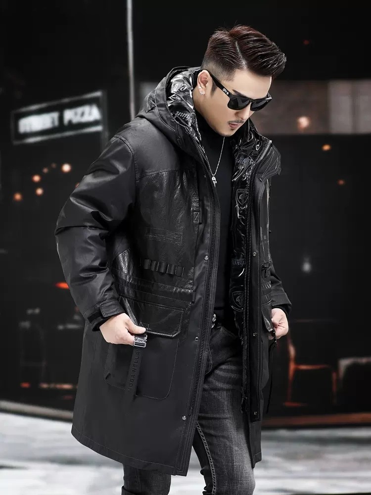 Abrigo de cuero genuino de inv - Leather Work Jacket With Hood reseña y precio