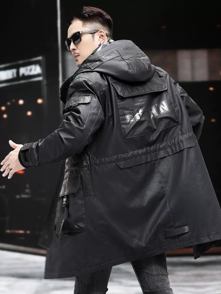 Abrigo de cuero genuino de inv - Leather Work Jacket With Hood reseña y precio