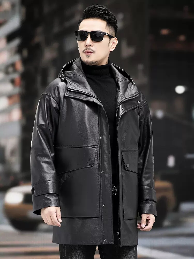 Chaqueta de cuero genuino con  - Leather Work Jacket With Hood reseña y precio